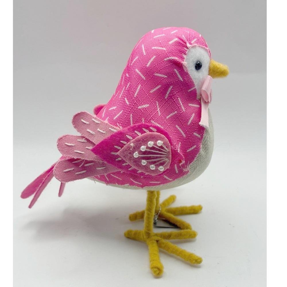 NWT Spritz Easter Decor 5.5" Pink Bird 2018 Fabric Figurine Bow Bead Accent